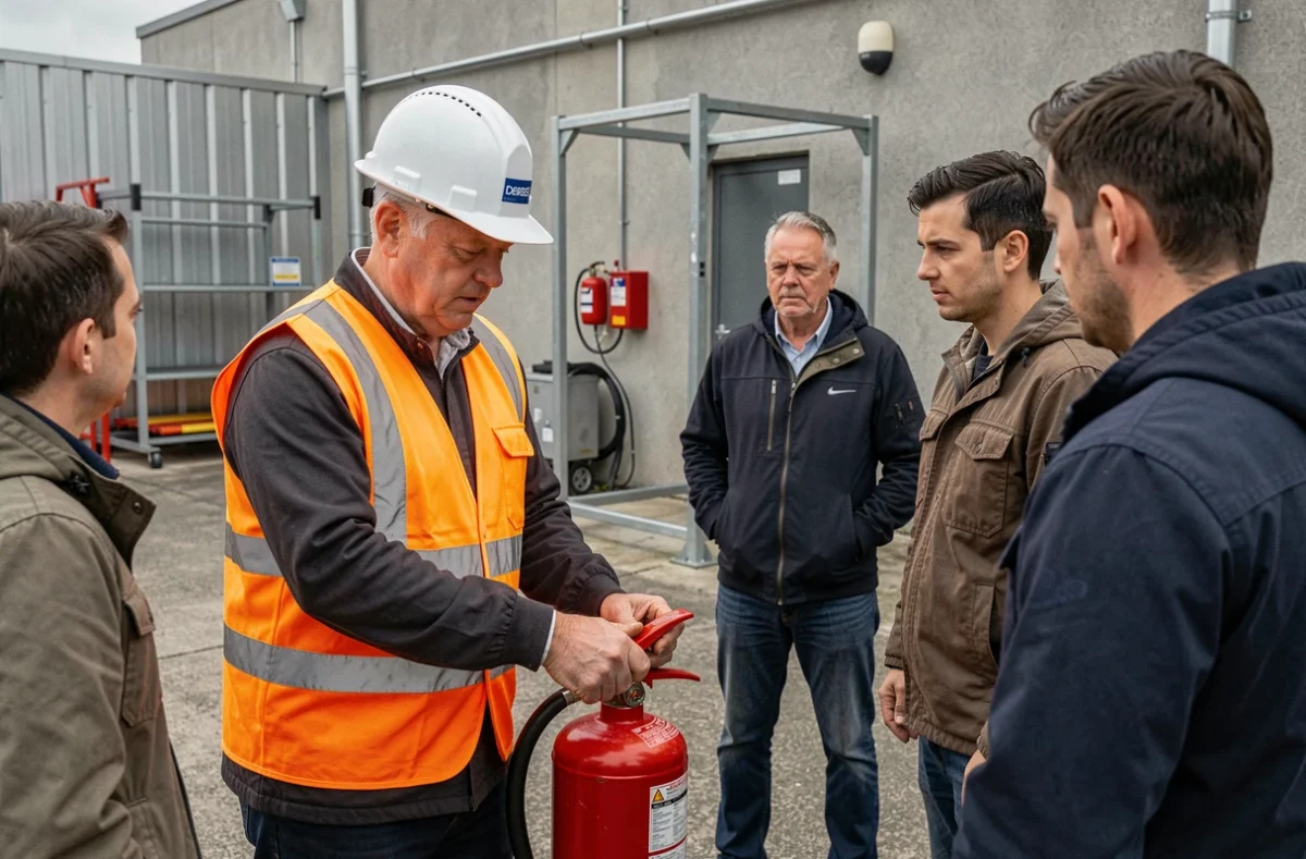Formateur SP Formation en gilet de sécurité démontrant l'utilisation d'un extincteur lors d'une formation sécurité à Vaires-sur-Marne