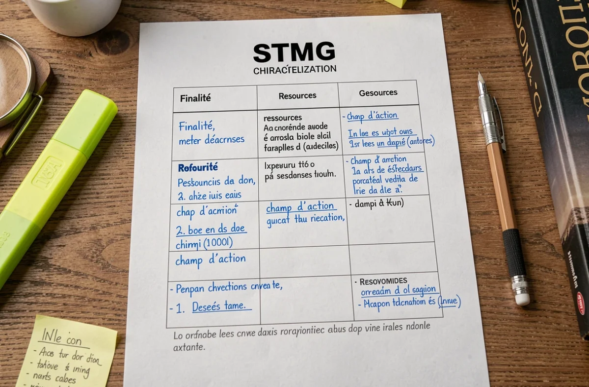 Tableau de caractérisation STMG imprimé et annoté à la main sur un bureau avec des fournitures scolaires