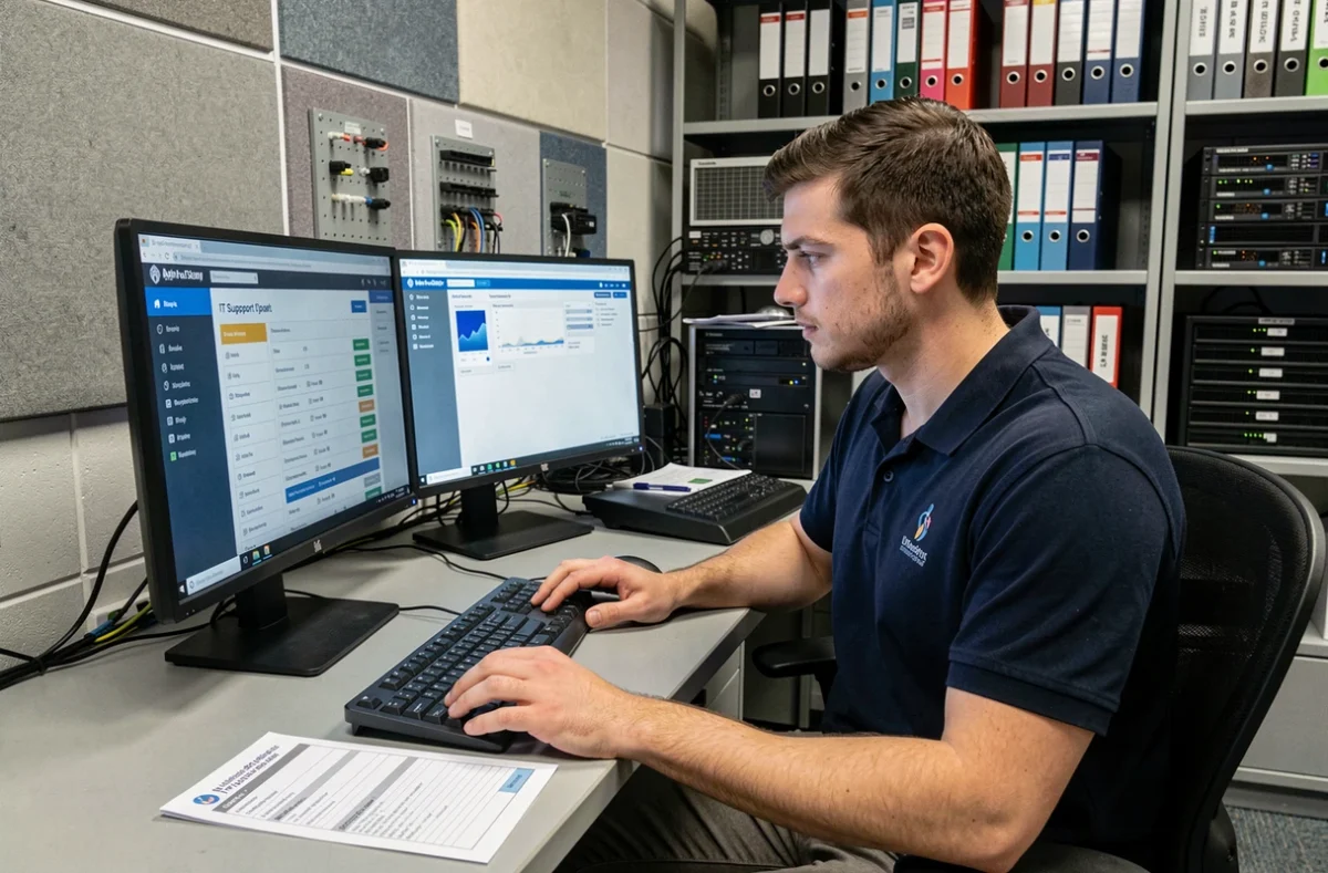 Technicien informatique gérant les services ENT de l'université de Lorraine sur un poste de travail à double écran