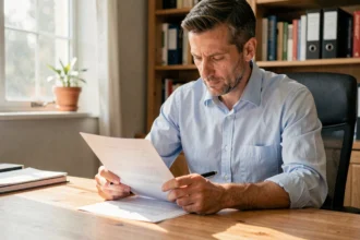 Homme vérifiant attentivement un devis imprimé avant de le signer à son bureau à domicile