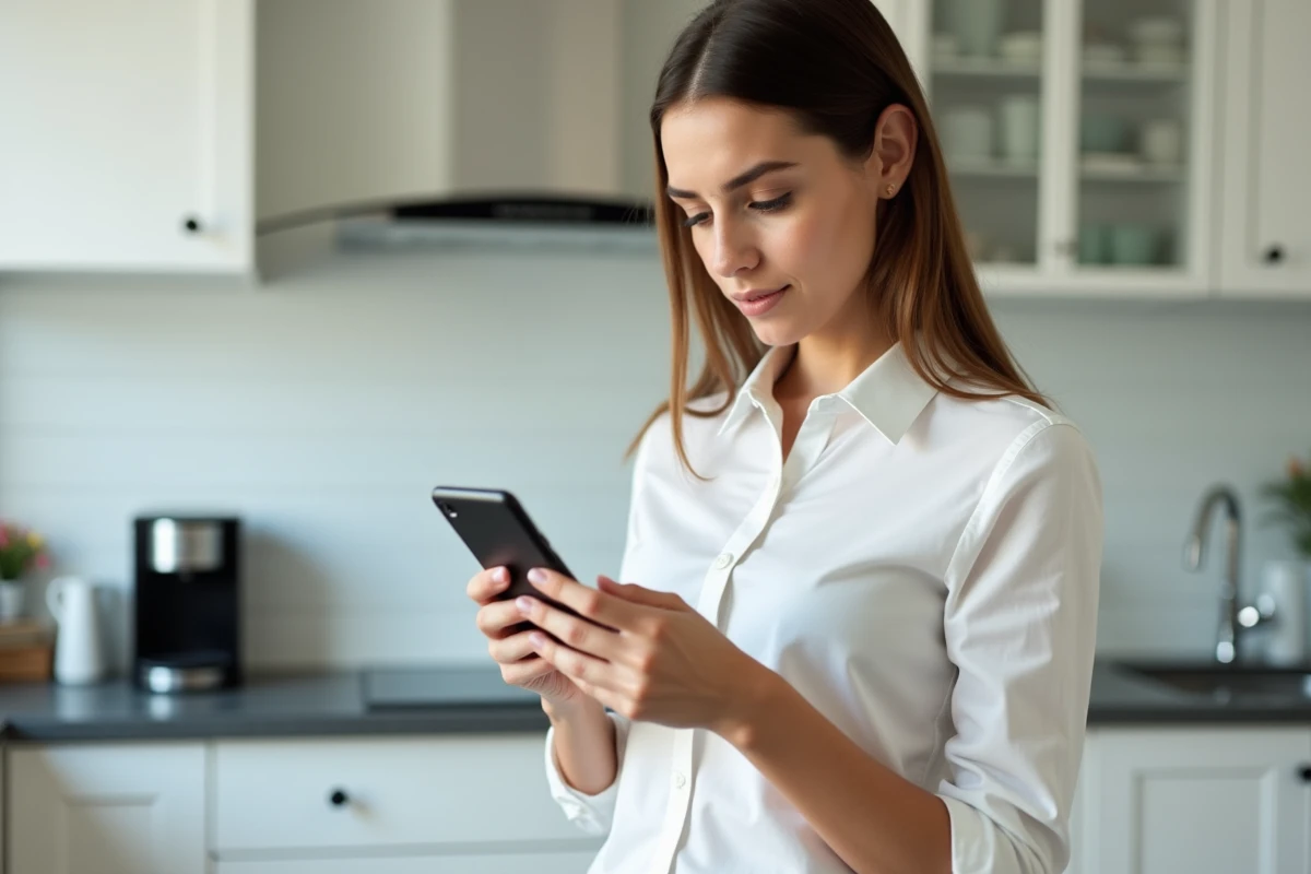 Jeune femme vérifiant ses identifiants de connexion sur smartphone dans une cuisine moderne