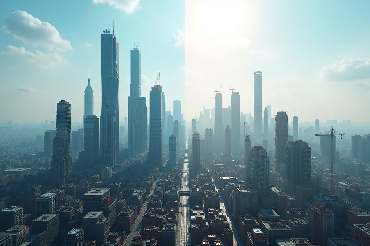 Ciel de ville moderne entre gratte-ciel futuristes et rénovation